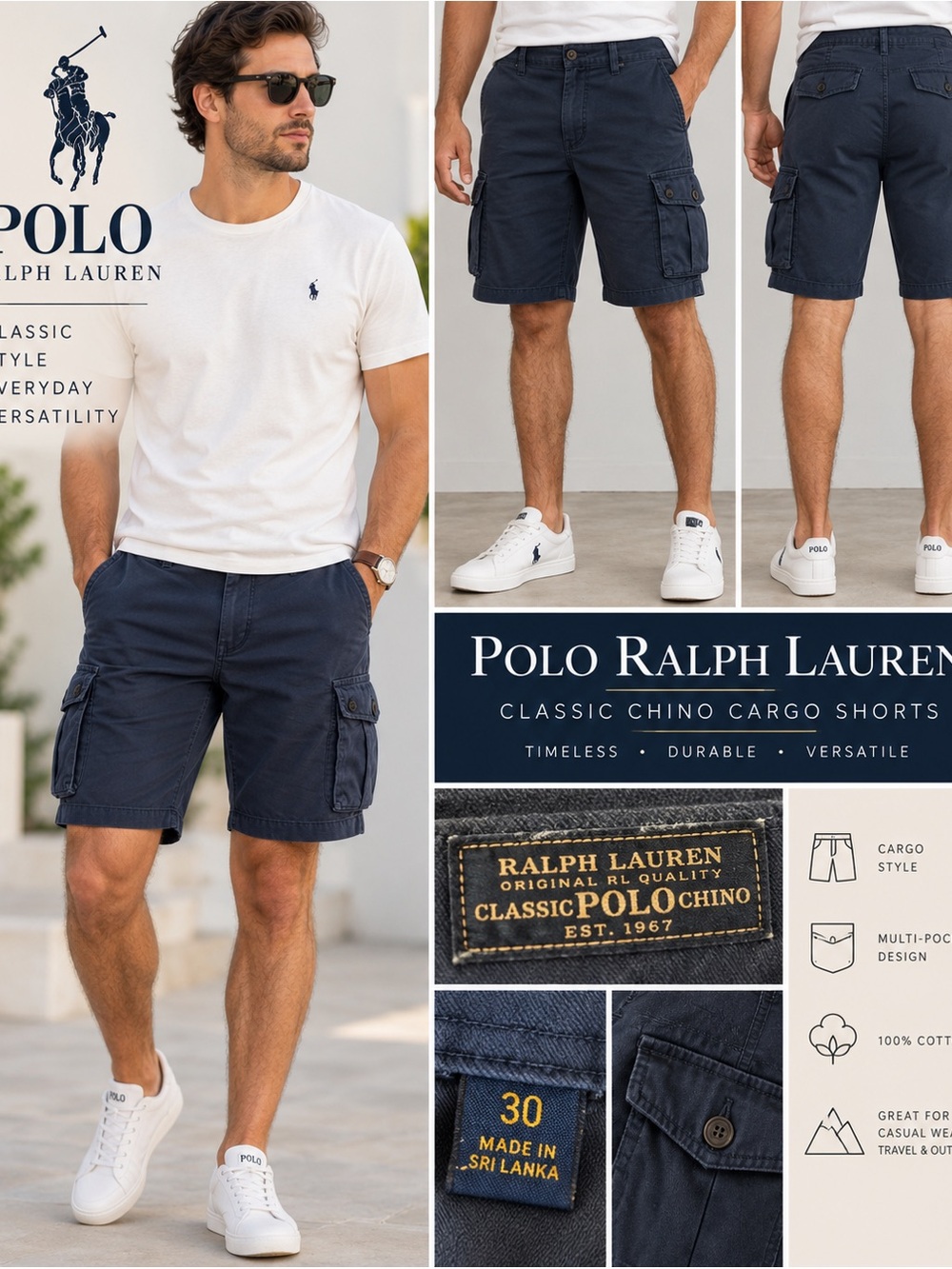 Polo Ralph Lauren Classic Chino Navy Cargo Shorts Men’s Size 30
